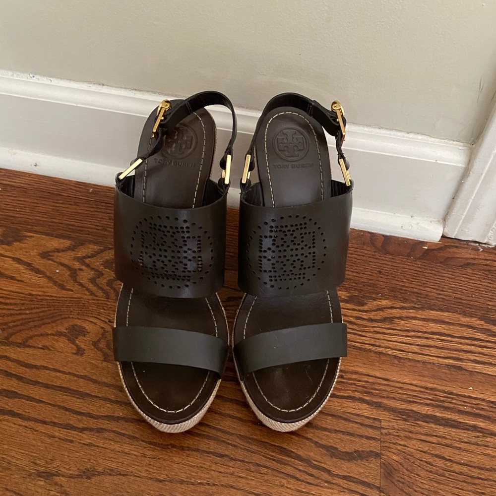 Tory Burch Kimberly Dark Brown 220 Calf Vintage Luggage Wedge 10 M Size